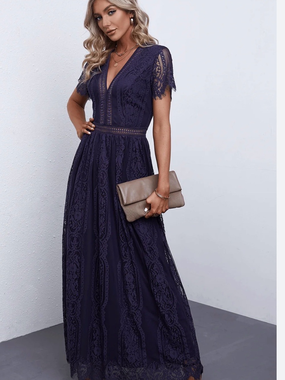 Elegant Deep Purple Lace Maxi Dress with V-Neck